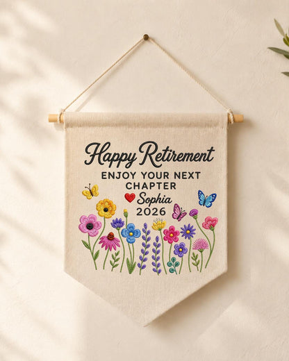 Personalized Retirement Wall Hanging, Custom Name Embroidered Banner, Wildflower Retirement Gift, Happy Retirement Keepsake, Coworker Gift