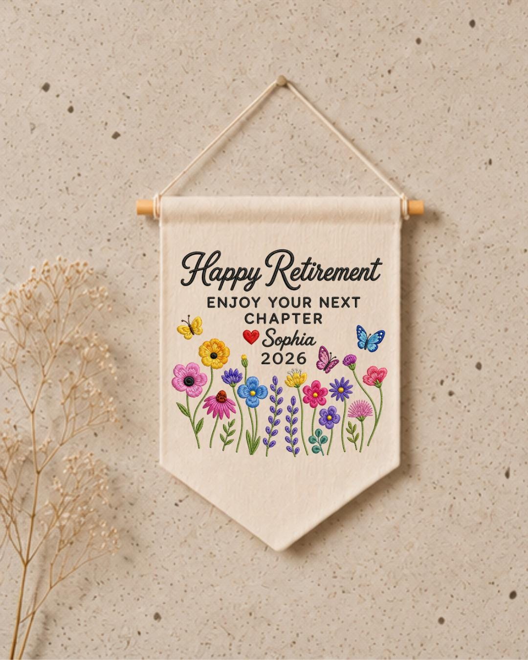 Personalized Retirement Wall Hanging, Custom Name Embroidered Banner, Wildflower Retirement Gift, Happy Retirement Keepsake, Coworker Gift