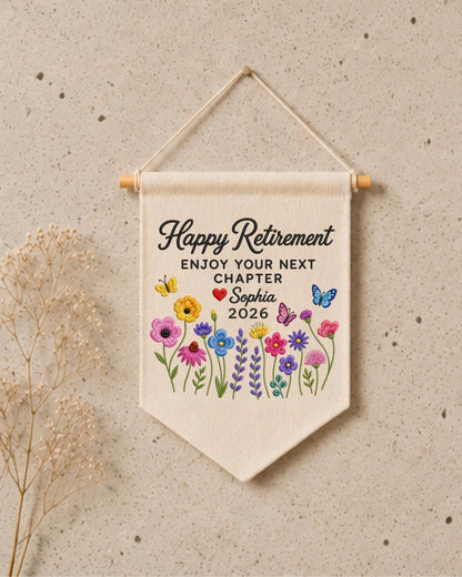 Personalized Retirement Wall Hanging, Custom Name Embroidered Banner, Wildflower Retirement Gift, Happy Retirement Keepsake, Coworker Gift