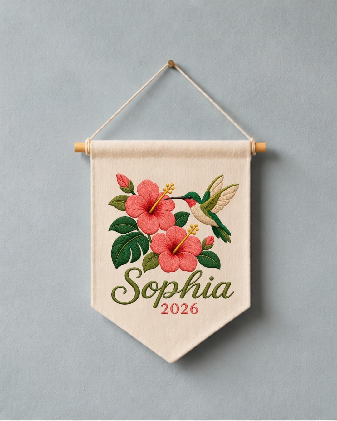 Personalized Hummingbird Floral Wall Hanging, Custom Name Embroidered Banner, Hibiscus Flower Decor, Tropical Nursery Gift