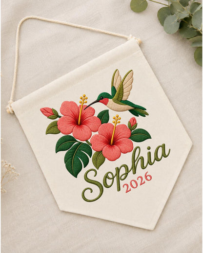 Personalized Hummingbird Floral Wall Hanging, Custom Name Embroidered Banner, Hibiscus Flower Decor, Tropical Nursery Gift