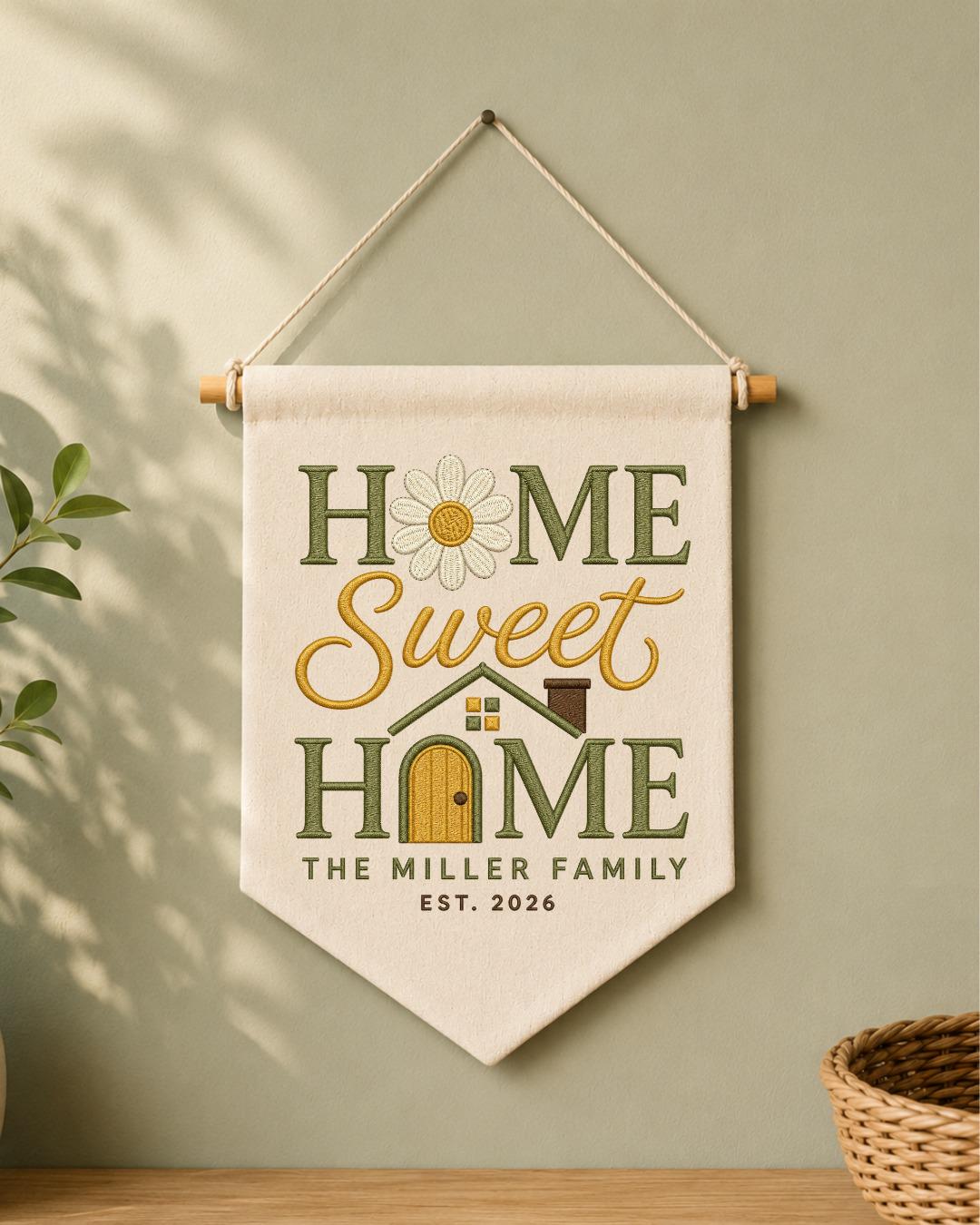 Personalized Home Sweet Home Wall Hanging, Custom Family Name Embroidered Banner, New Home Gift, Housewarming Decor, Family Keepsake