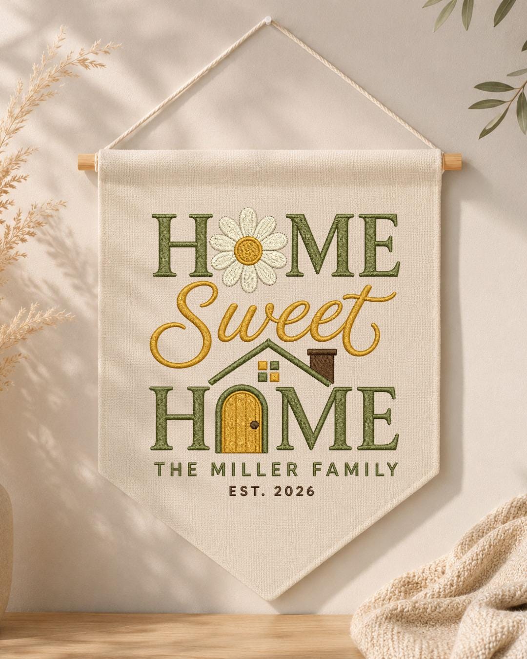 Personalized Home Sweet Home Wall Hanging, Custom Family Name Embroidered Banner, New Home Gift, Housewarming Decor, Family Keepsake