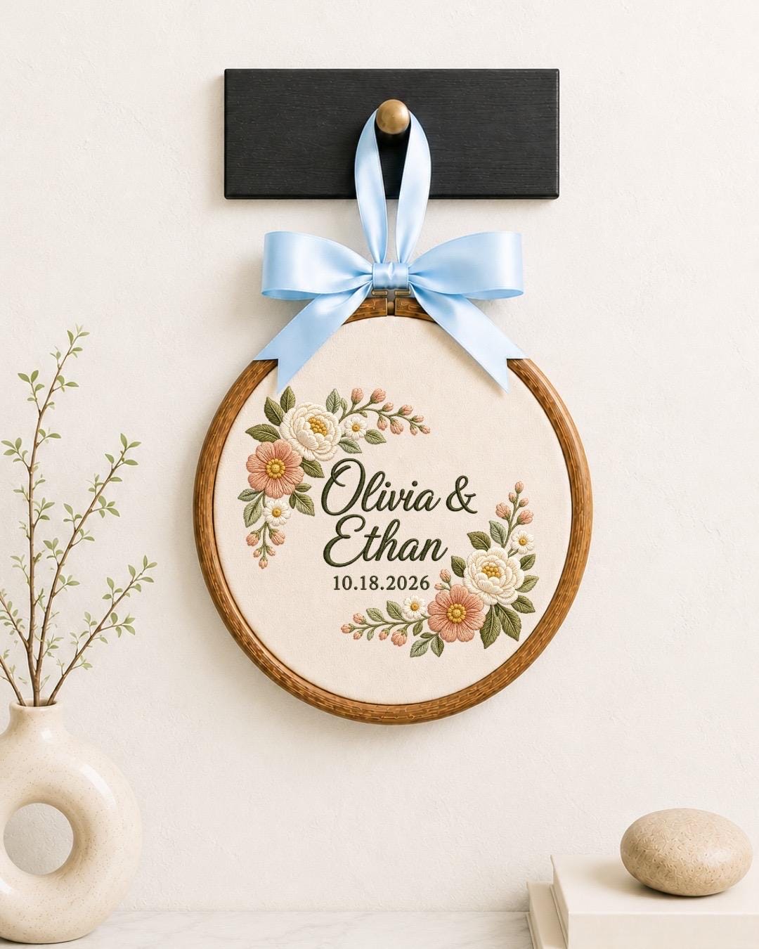 Personalized Wedding Embroidered Ornament, Custom Couple Name Hoop, Floral Anniversary Gift, Wedding Keepsake, Newlywed Home Decor