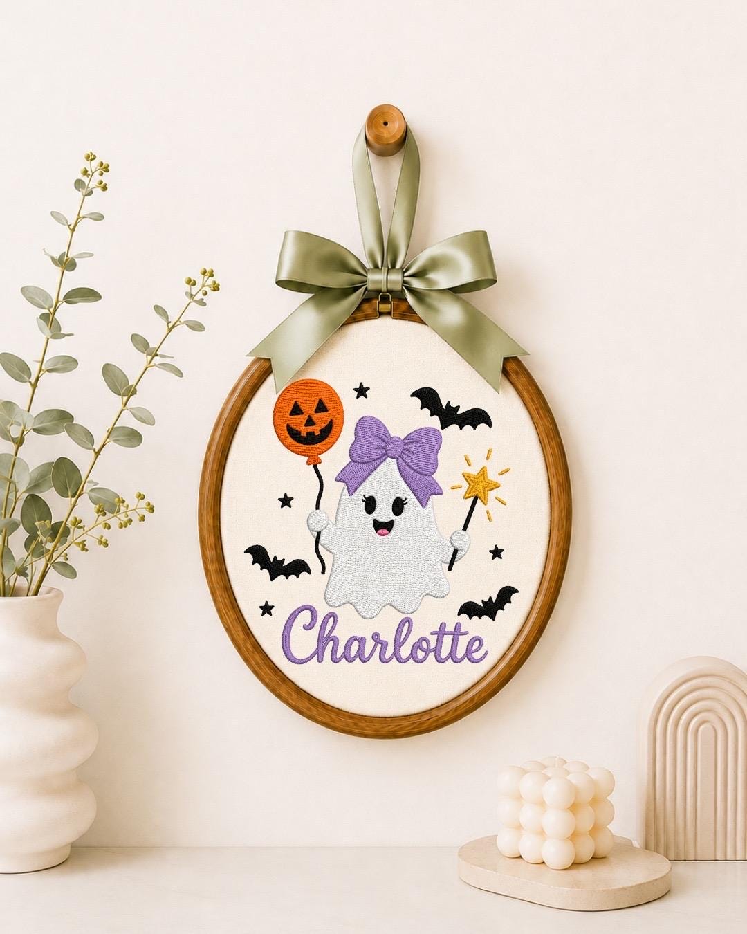 Personalized Halloween Ghost Embroidered Ornament, Custom Girl Name Hoop, Cute Ghost Nursery Decor, First Halloween Gift, Spooky Keepsake