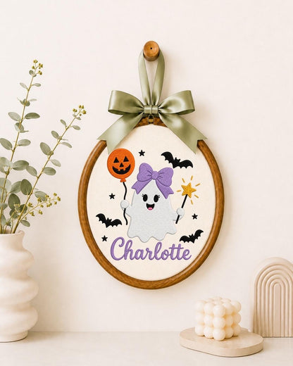 Personalized Halloween Ghost Embroidered Ornament, Custom Girl Name Hoop, Cute Ghost Nursery Decor, First Halloween Gift, Spooky Keepsake