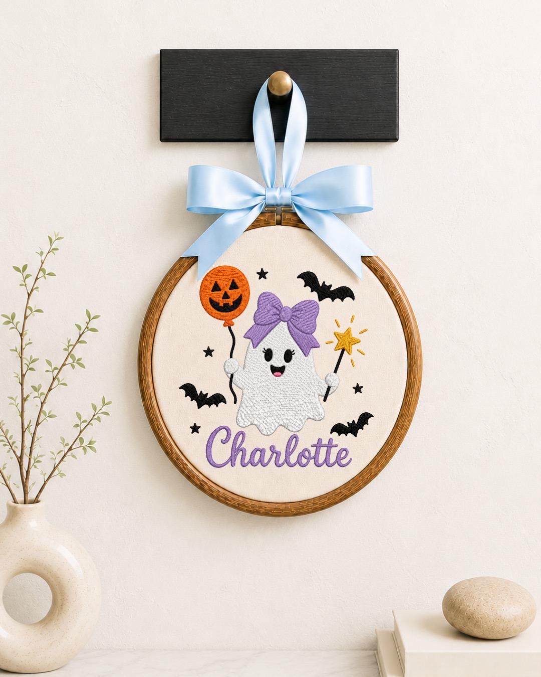Personalized Halloween Ghost Embroidered Ornament, Custom Girl Name Hoop, Cute Ghost Nursery Decor, First Halloween Gift, Spooky Keepsake