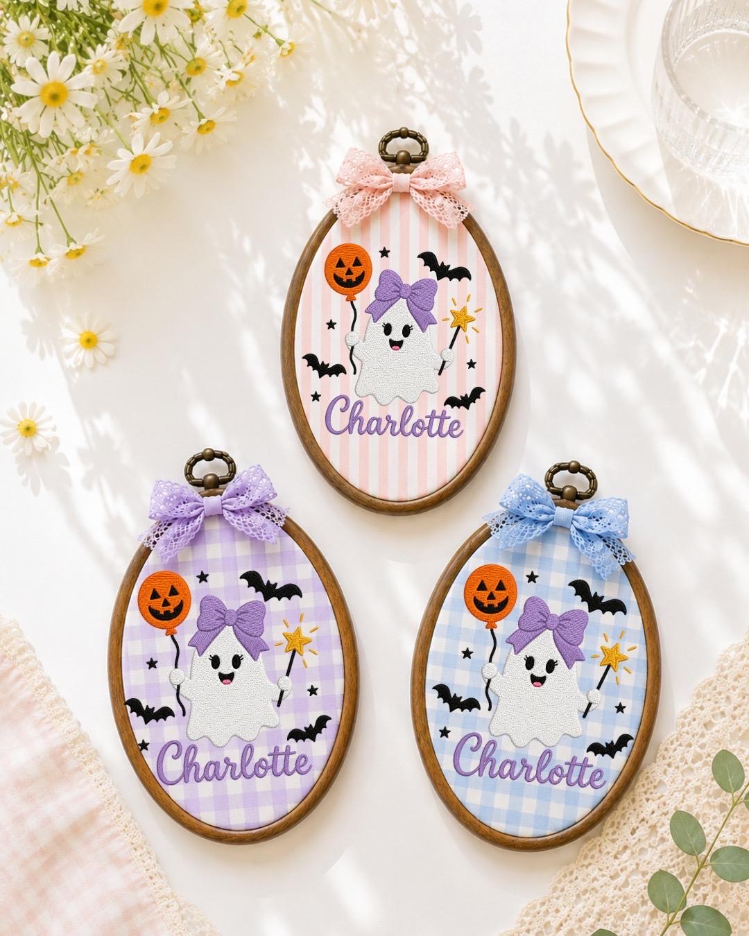 Personalized Halloween Ghost Embroidered Ornament, Custom Girl Name Hoop, Cute Ghost Nursery Decor, First Halloween Gift, Spooky Keepsake
