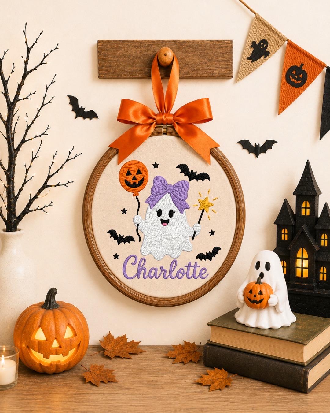 Personalized Halloween Ghost Embroidered Ornament, Custom Girl Name Hoop, Cute Ghost Nursery Decor, First Halloween Gift, Spooky Keepsake