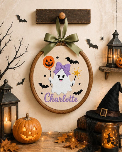 Personalized Halloween Ghost Embroidered Ornament, Custom Girl Name Hoop, Cute Ghost Nursery Decor, First Halloween Gift, Spooky Keepsake