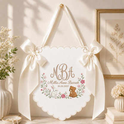Personalized Embroidered Baby Name Banner, Bunny Bear Monogram Nursery Wall Hanging, Custom Initial Sign, Floral Baby Girl Nursery Decor