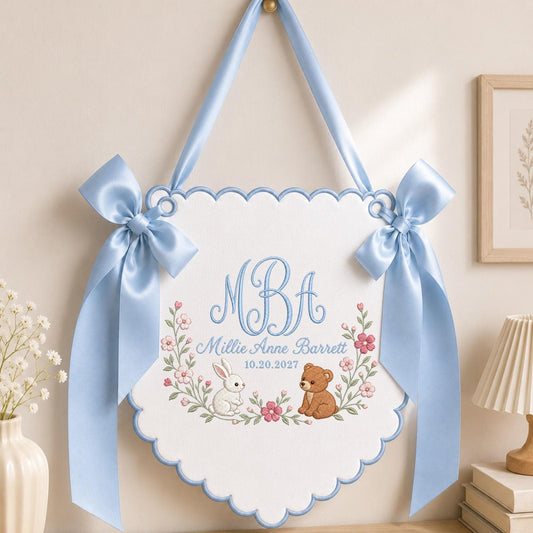 Personalized Embroidered Baby Name Banner, Bunny Bear Monogram Nursery Wall Hanging, Custom Initial Sign, Floral Baby Girl Nursery Decor