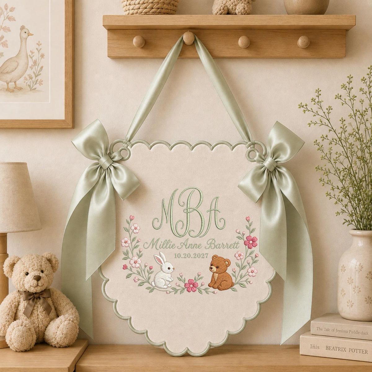 Personalized Embroidered Baby Name Banner, Bunny Bear Monogram Nursery Wall Hanging, Custom Initial Sign, Floral Baby Girl Nursery Decor