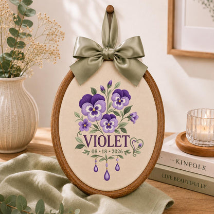 Personalized Floral Ornament, Violet Oval Embroidery Wall Hanging, Purple Flower Decor, Custom Name Date Gift, Ribbon Bow Nursery Art