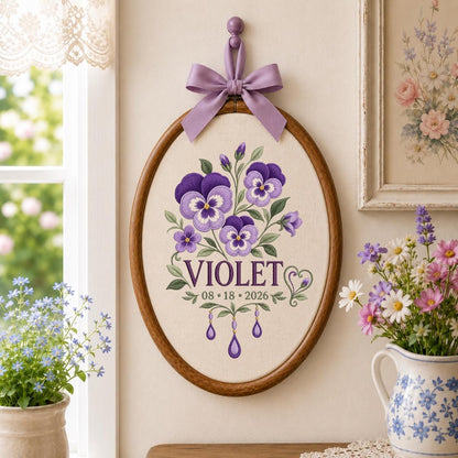 Personalized Floral Ornament, Violet Oval Embroidery Wall Hanging, Purple Flower Decor, Custom Name Date Gift, Ribbon Bow Nursery Art