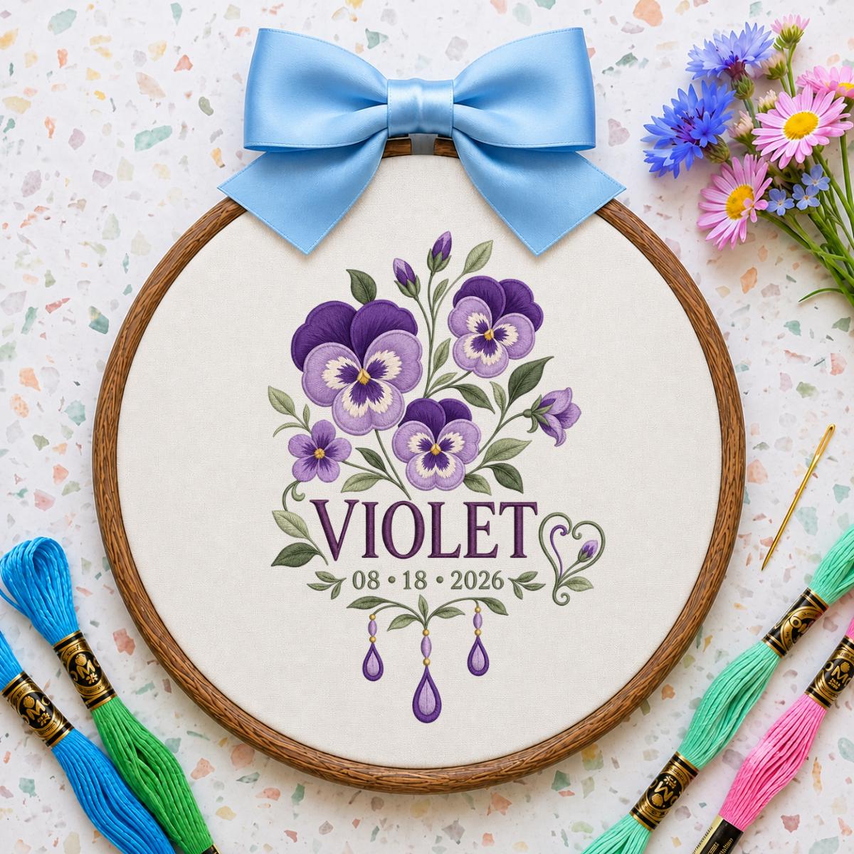 Personalized Floral Ornament, Violet Oval Embroidery Wall Hanging, Purple Flower Decor, Custom Name Date Gift, Ribbon Bow Nursery Art