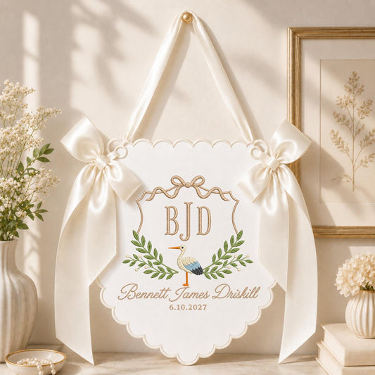 Personalized Embroidered Baby Name Banner, Stork Monogram Nursery Wall Hanging, Custom Initial Sign, Baby Boy Nursery Decor, Newborn Gift