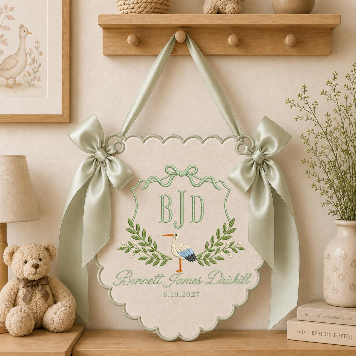 Personalized Embroidered Baby Name Banner, Stork Monogram Nursery Wall Hanging, Custom Initial Sign, Baby Boy Nursery Decor, Newborn Gift