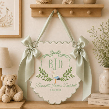 Personalized Embroidered Baby Name Banner, Stork Monogram Nursery Wall Hanging, Custom Initial Sign, Baby Boy Nursery Decor, Newborn Gift