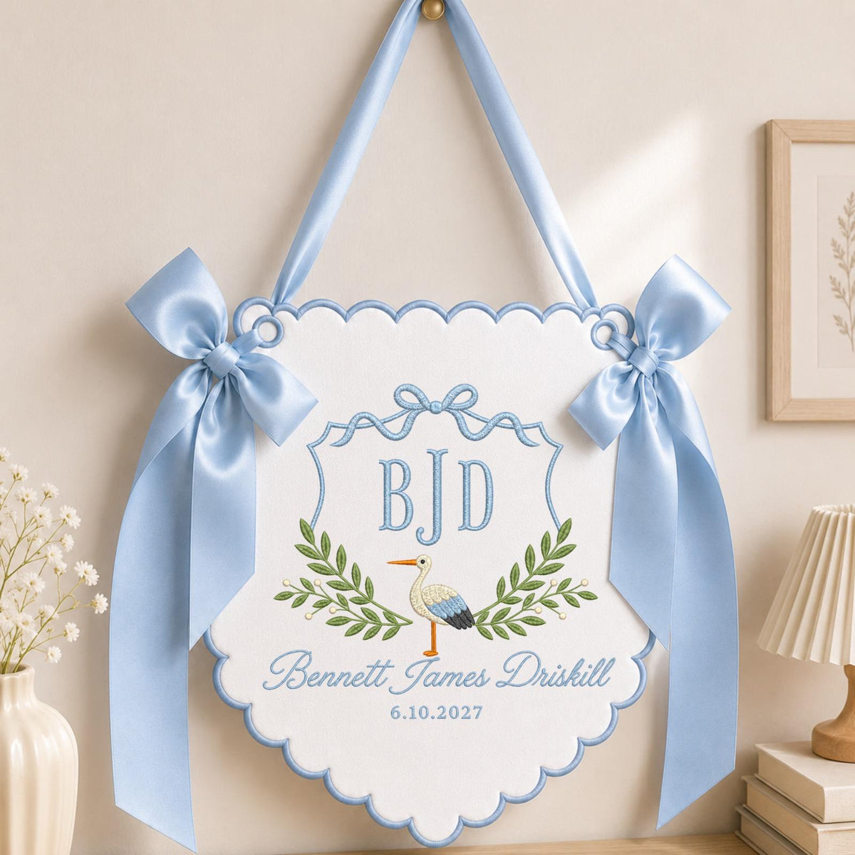Personalized Embroidered Baby Name Banner, Stork Monogram Nursery Wall Hanging, Custom Initial Sign, Baby Boy Nursery Decor, Newborn Gift