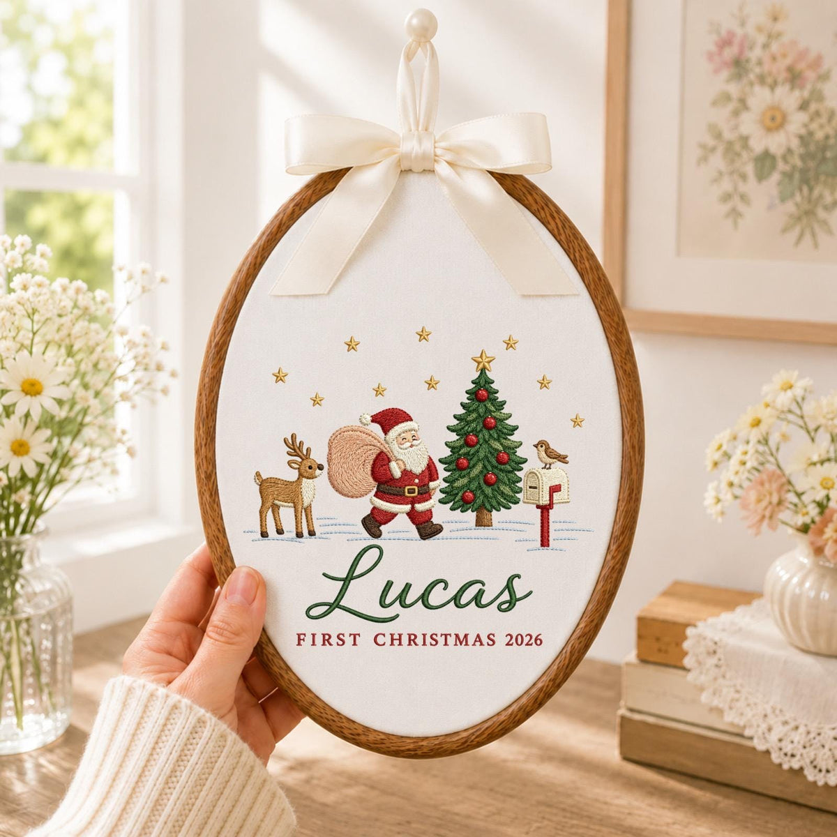 Personalized First Christmas Embroidered Ornament, Santa Christmas Ornament, Custom Baby Name Keepsake, Baby First Christmas 2026 Gift