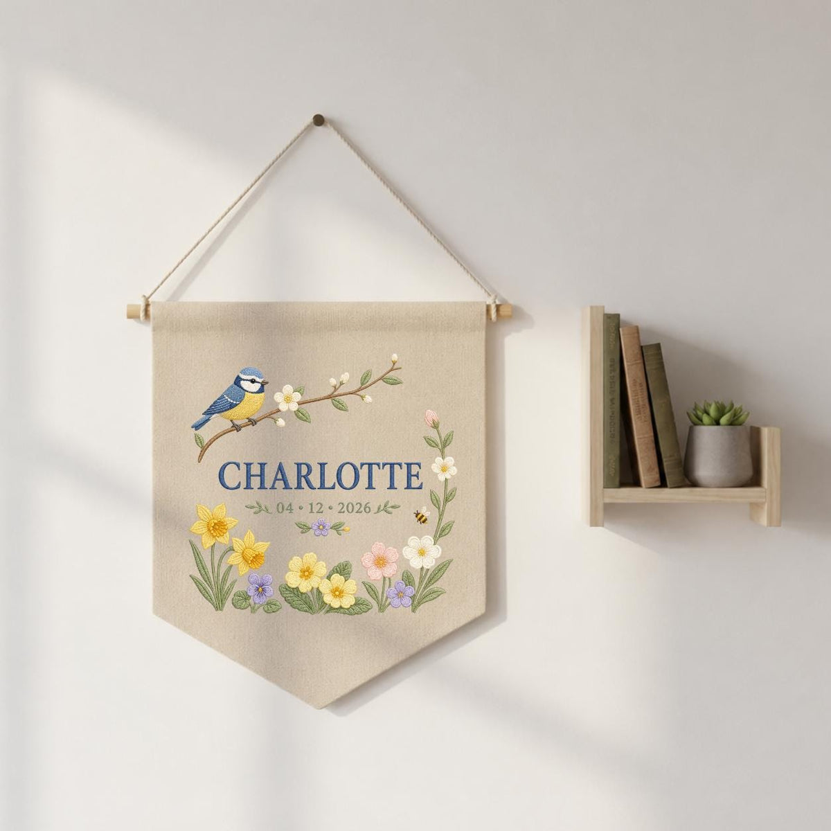 Personalized Bird Wall Hanging, Charlotte Spring Floral Banner, Blue Tit Bird Embroidery, Custom Name Date Decor, Garden Gift