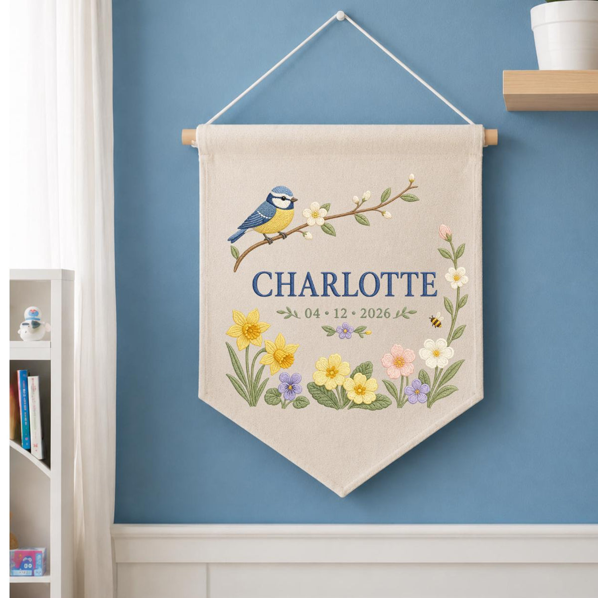 Personalized Bird Wall Hanging, Charlotte Spring Floral Banner, Blue Tit Bird Embroidery, Custom Name Date Decor, Garden Gift