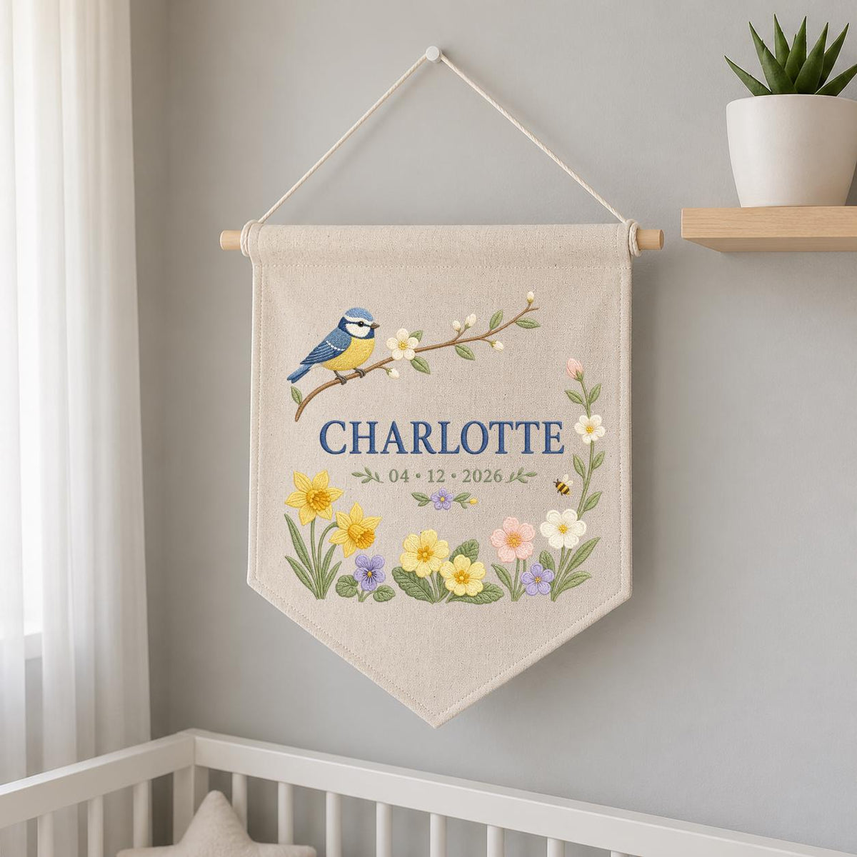 Personalized Bird Wall Hanging, Charlotte Spring Floral Banner, Blue Tit Bird Embroidery, Custom Name Date Decor, Garden Gift