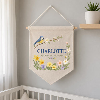 Personalized Bird Wall Hanging, Charlotte Spring Floral Banner, Blue Tit Bird Embroidery, Custom Name Date Decor, Garden Gift
