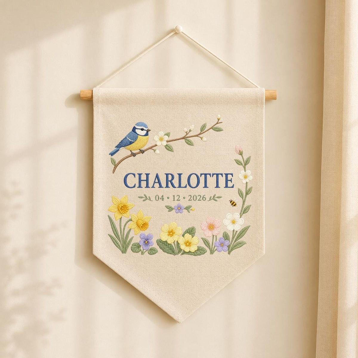 Personalized Bird Wall Hanging, Charlotte Spring Floral Banner, Blue Tit Bird Embroidery, Custom Name Date Decor, Garden Gift
