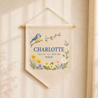 Personalized Bird Wall Hanging, Charlotte Spring Floral Banner, Blue Tit Bird Embroidery, Custom Name Date Decor, Garden Gift