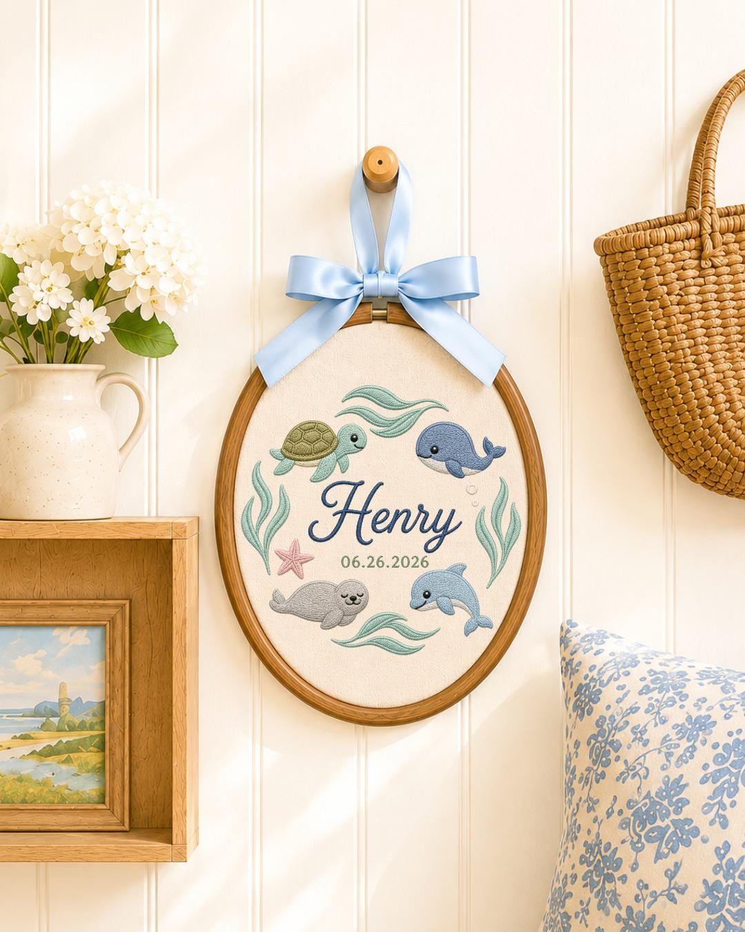 Personalized Ocean Animals Embroidered Ornament, Custom Baby Name Hoop, Sea Life Nursery Decor, Whale Turtle Dolphin Baby Gift