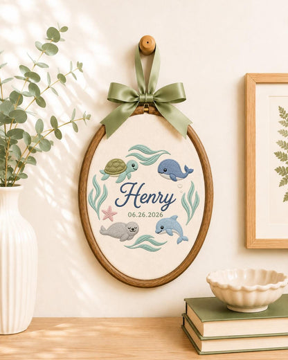 Personalized Ocean Animals Embroidered Ornament, Custom Baby Name Hoop, Sea Life Nursery Decor, Whale Turtle Dolphin Baby Gift