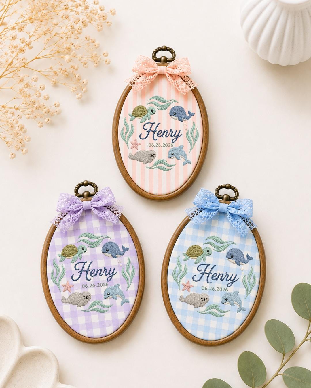 Personalized Ocean Animals Embroidered Ornament, Custom Baby Name Hoop, Sea Life Nursery Decor, Whale Turtle Dolphin Baby Gift
