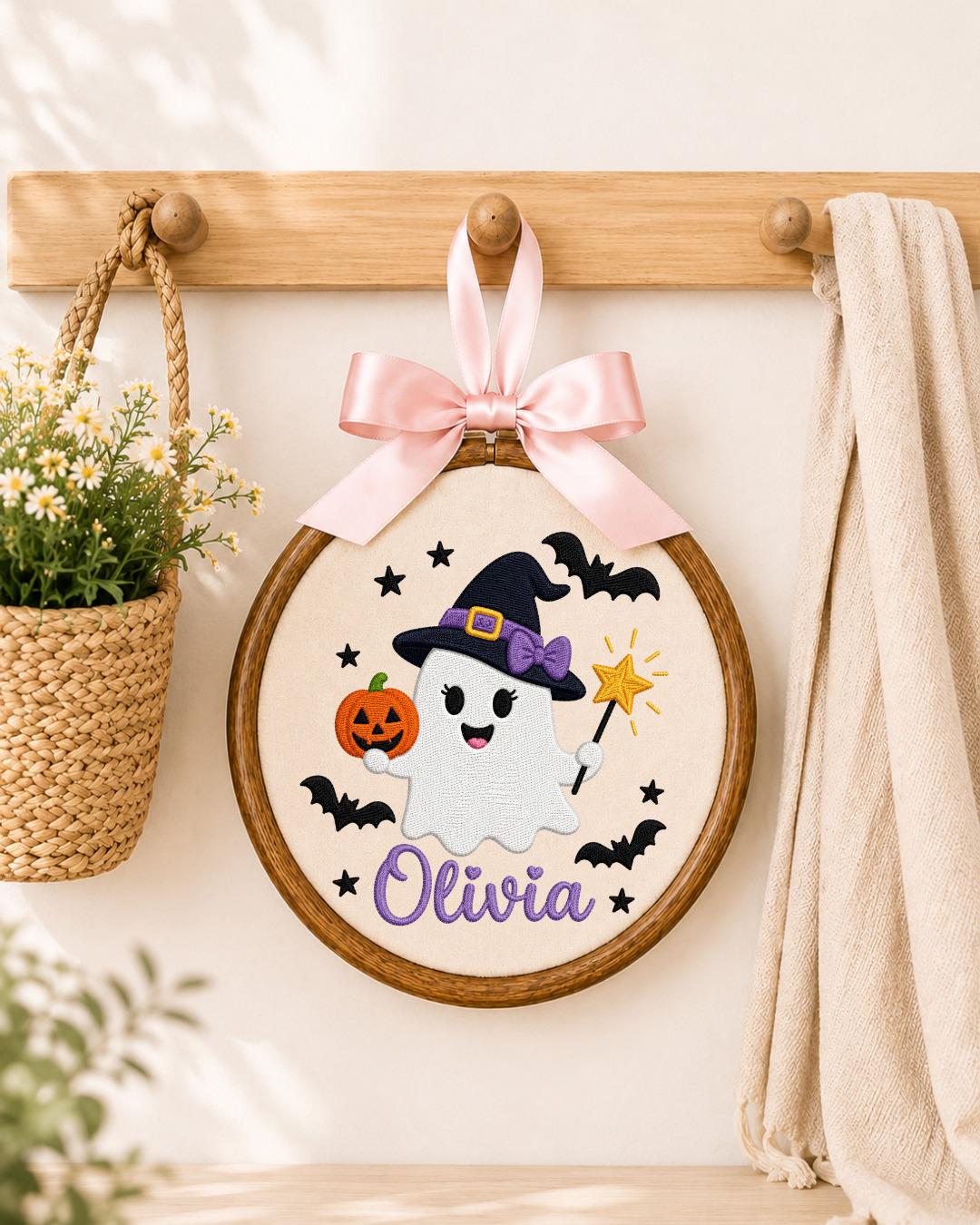 Personalized Halloween Ghost Embroidered Ornament, Custom Name Hoop, Cute Witch Ghost Decor, Kids Halloween Gift, Spooky Keepsake