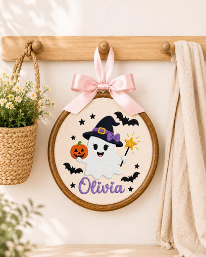 Personalized Halloween Ghost Embroidered Ornament, Custom Name Hoop, Cute Witch Ghost Decor, Kids Halloween Gift, Spooky Keepsake
