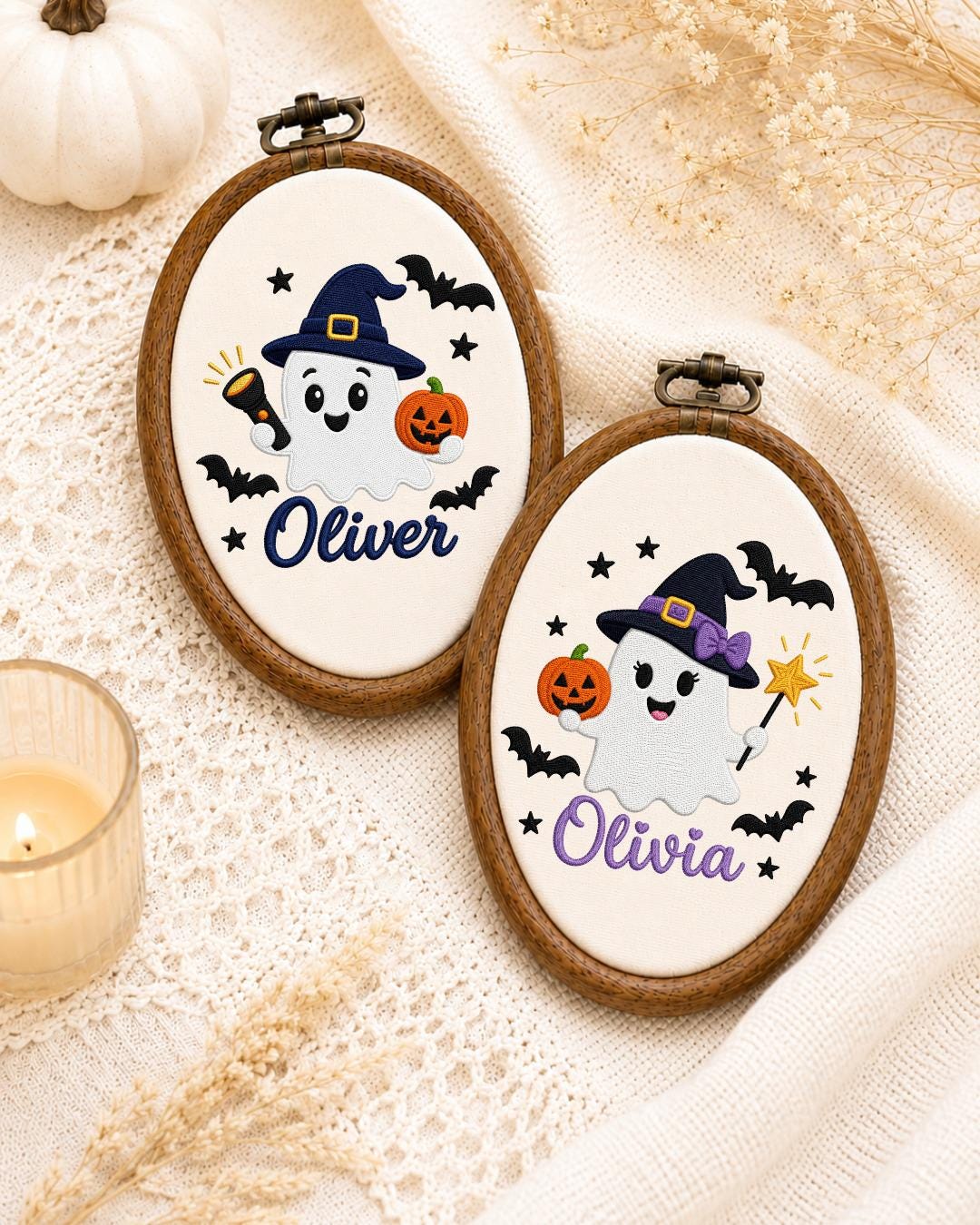 Personalized Halloween Ghost Embroidered Ornament, Custom Name Hoop, Cute Witch Ghost Decor, Kids Halloween Gift, Spooky Keepsake
