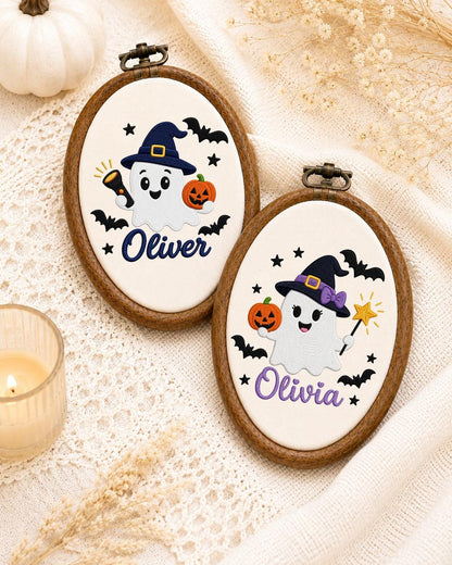 Personalized Halloween Ghost Embroidered Ornament, Custom Name Hoop, Cute Witch Ghost Decor, Kids Halloween Gift, Spooky Keepsake