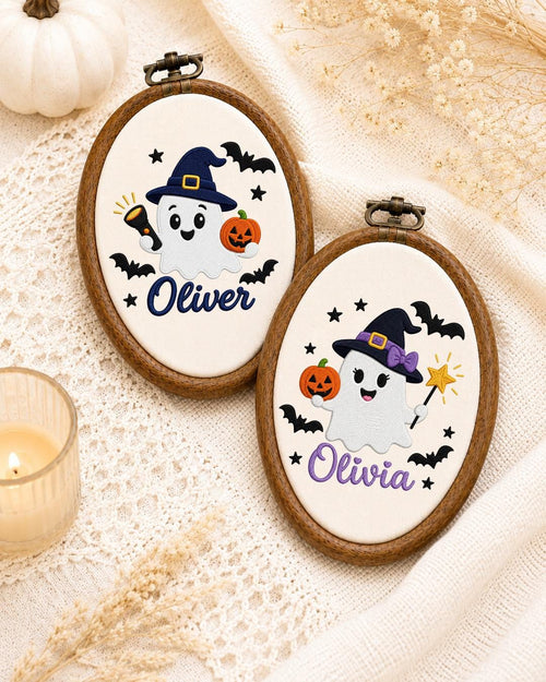 Personalized Halloween Ghost Embroidered Ornament, Custom Name Hoop, Cute Witch Ghost Decor, Kids Halloween Gift, Spooky Keepsake