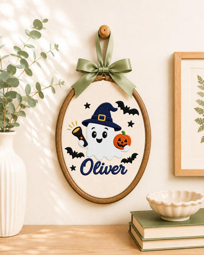 Personalized Halloween Ghost Embroidered Ornament, Custom Name Hoop, Cute Witch Ghost Decor, Kids Halloween Gift, Spooky Keepsake
