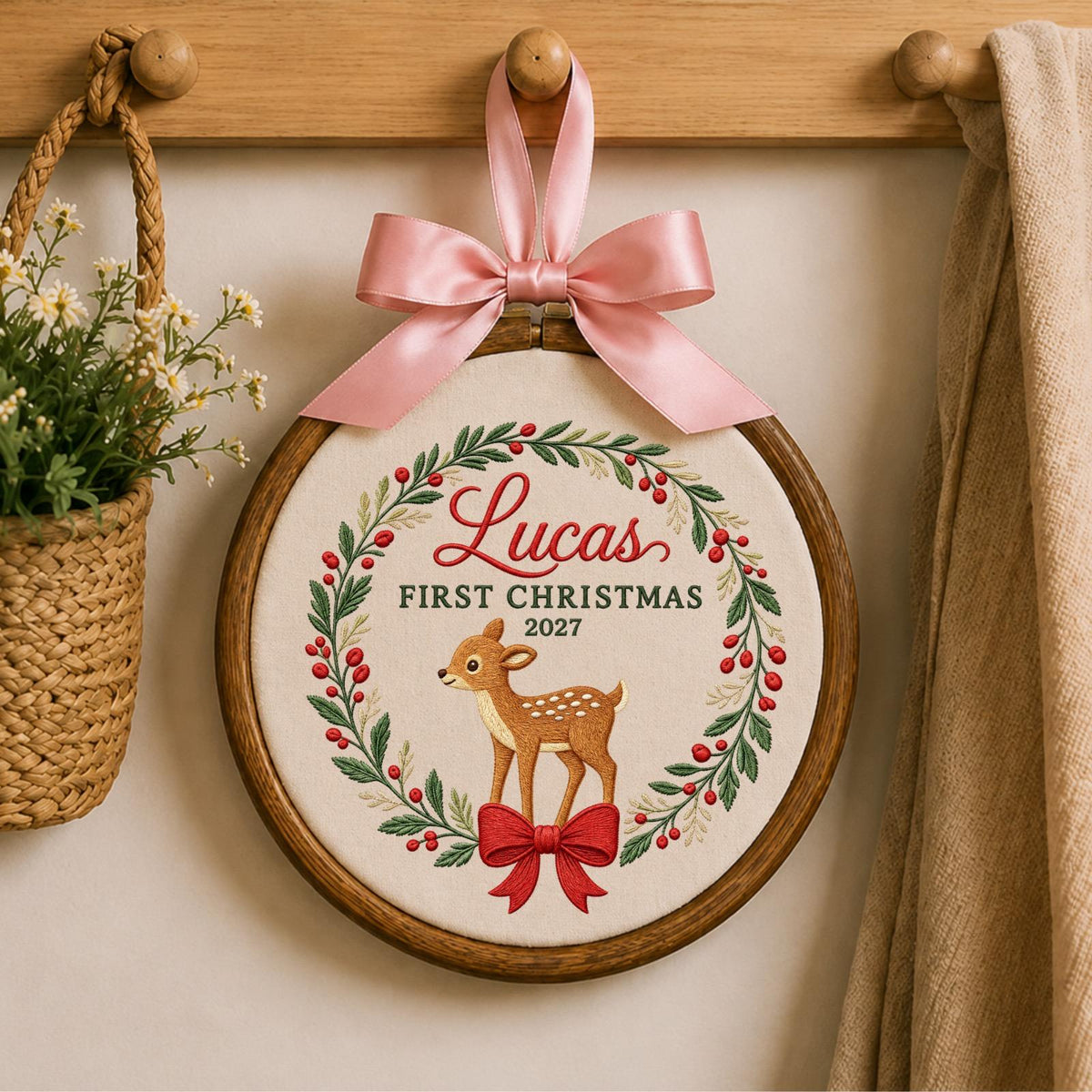 Personalized Baby First Christmas Embroidered Ornament, Custom Deer Name Christmas Ornament, Baby Keepsake, Newborn Christmas Gift