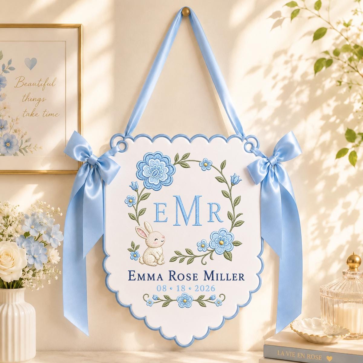 Personalized Bunny Monogram Banner, Emma Rose Miller Wall Hanging, Floral Scalloped Ornament, Lavender Bow Decor, Baby Girl Gift
