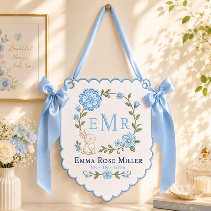 Personalized Bunny Monogram Banner, Emma Rose Miller Wall Hanging, Floral Scalloped Ornament, Lavender Bow Decor, Baby Girl Gift