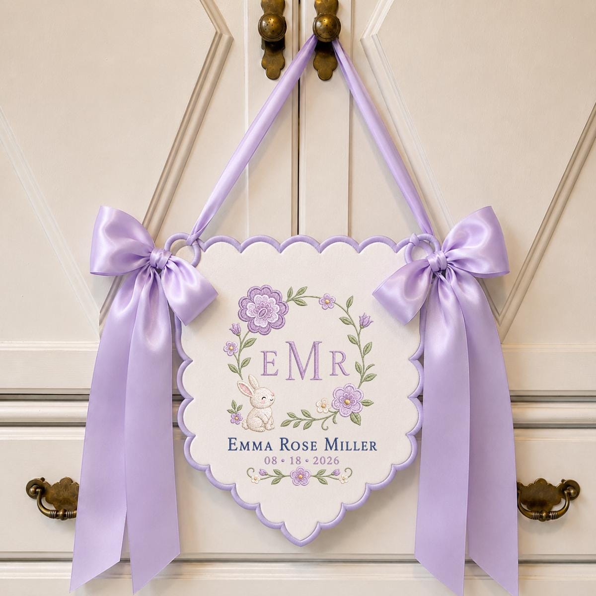 Personalized Bunny Monogram Banner, Emma Rose Miller Wall Hanging, Floral Scalloped Ornament, Lavender Bow Decor, Baby Girl Gift