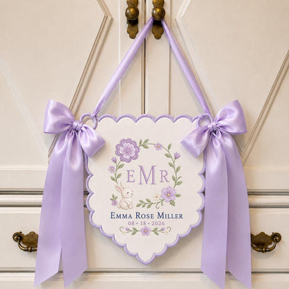 Personalized Bunny Monogram Banner, Emma Rose Miller Wall Hanging, Floral Scalloped Ornament, Lavender Bow Decor, Baby Girl Gift