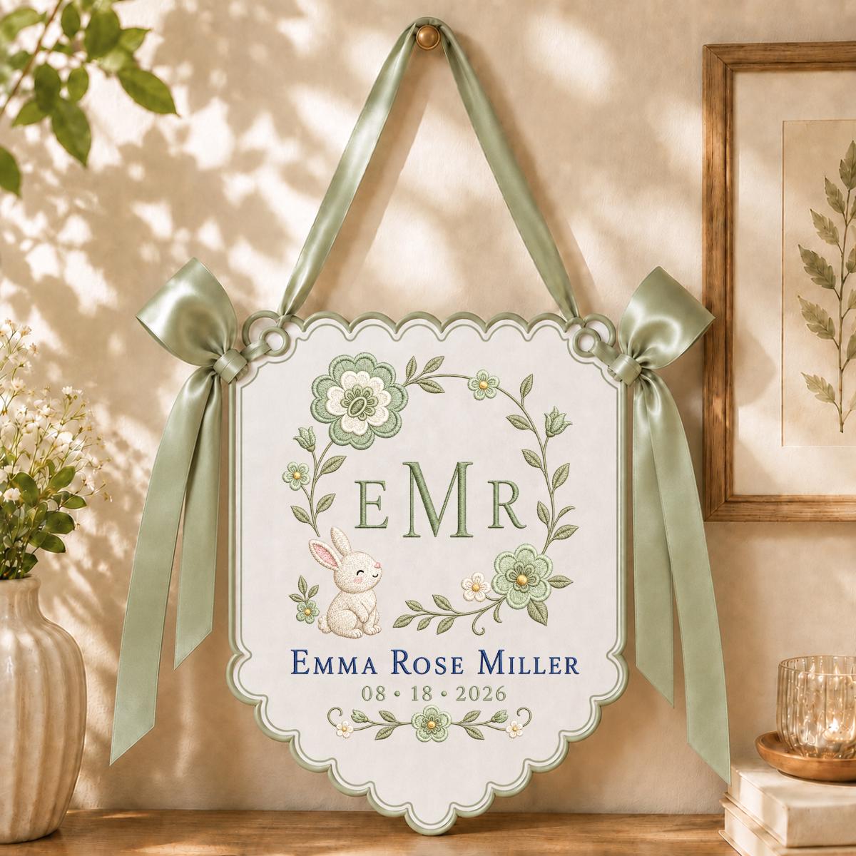 Personalized Bunny Monogram Banner, Emma Rose Miller Wall Hanging, Floral Scalloped Ornament, Lavender Bow Decor, Baby Girl Gift
