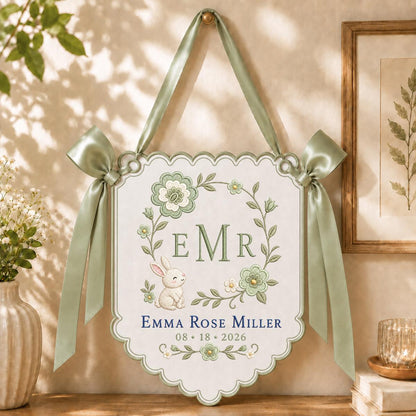 Personalized Bunny Monogram Banner, Emma Rose Miller Wall Hanging, Floral Scalloped Ornament, Lavender Bow Decor, Baby Girl Gift