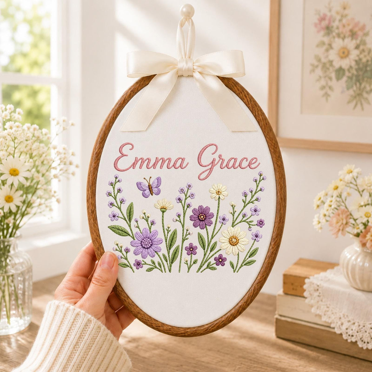Personalized Wildflower Embroidered Ornament, Custom Baby Name Floral Hoop, Butterfly Nursery Decor, Baby Girl Name Sign, Baby Shower Gift