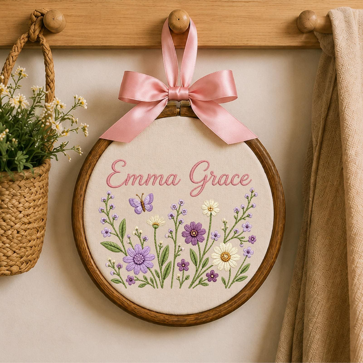 Personalized Wildflower Embroidered Ornament, Custom Baby Name Floral Hoop, Butterfly Nursery Decor, Baby Girl Name Sign, Baby Shower Gift