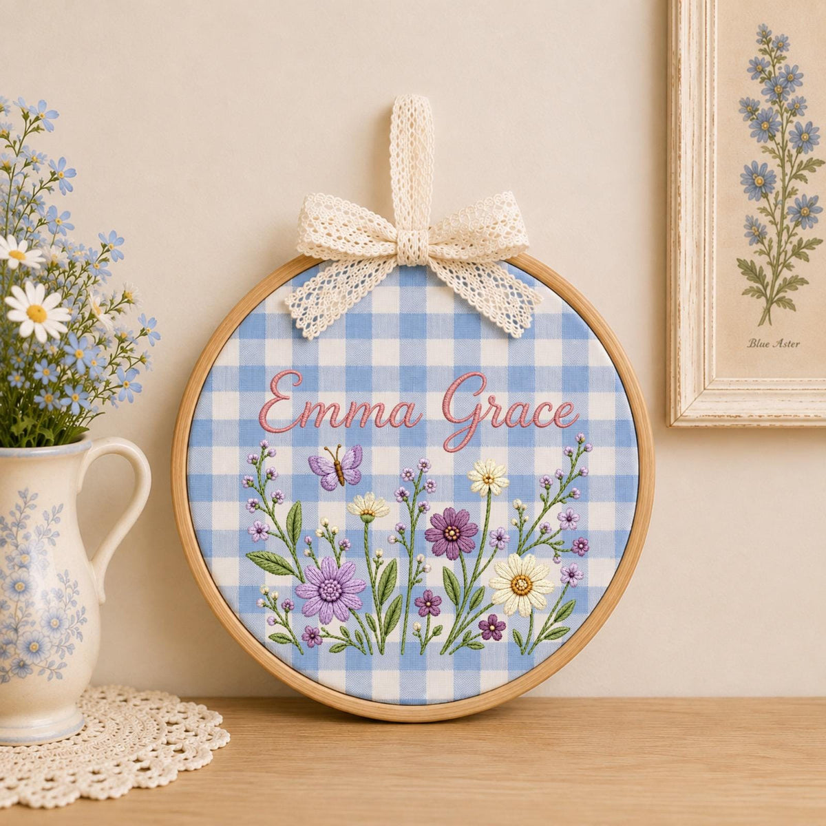 Personalized Wildflower Embroidered Ornament, Custom Baby Name Floral Hoop, Butterfly Nursery Decor, Baby Girl Name Sign, Baby Shower Gift